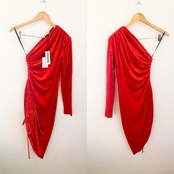 Monse Velvet One Shoulder Drawstring Asymmetric Dress Scarlet 4 NWT - Picture 3 of 16